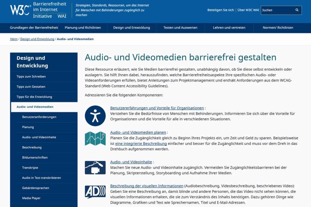 Screenshot der Website, welche erklärt, wie man Medien barrierefrei gestaltet, unabhängig davon, ob man diese selbst entwickeln oder auslagert.