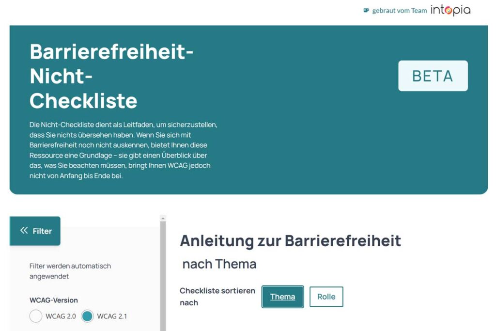 Screenshot Webseite Barrierefreiheit-Nicht-Checkliste