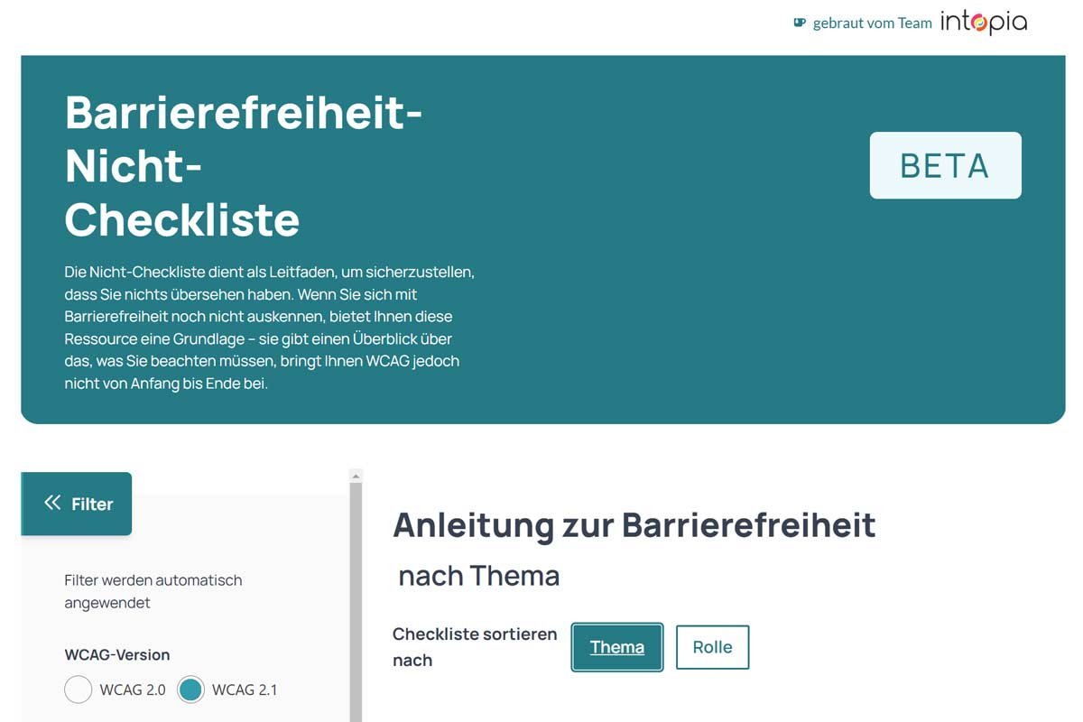 Screenshot Webseite Barrierefreiheit-Nicht-Checkliste